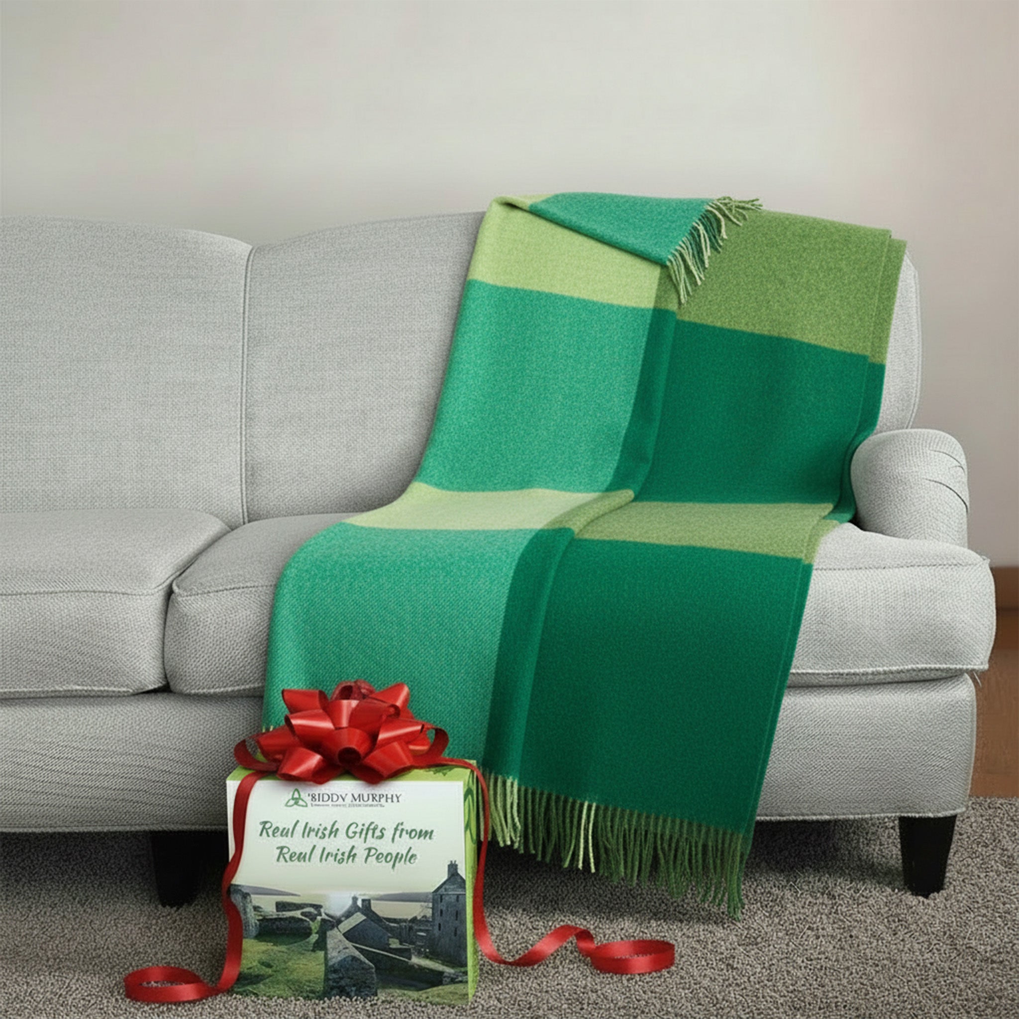 100% Irish Wool Tartan Throw Blanket - Multi Color Green Block (54" x 71")