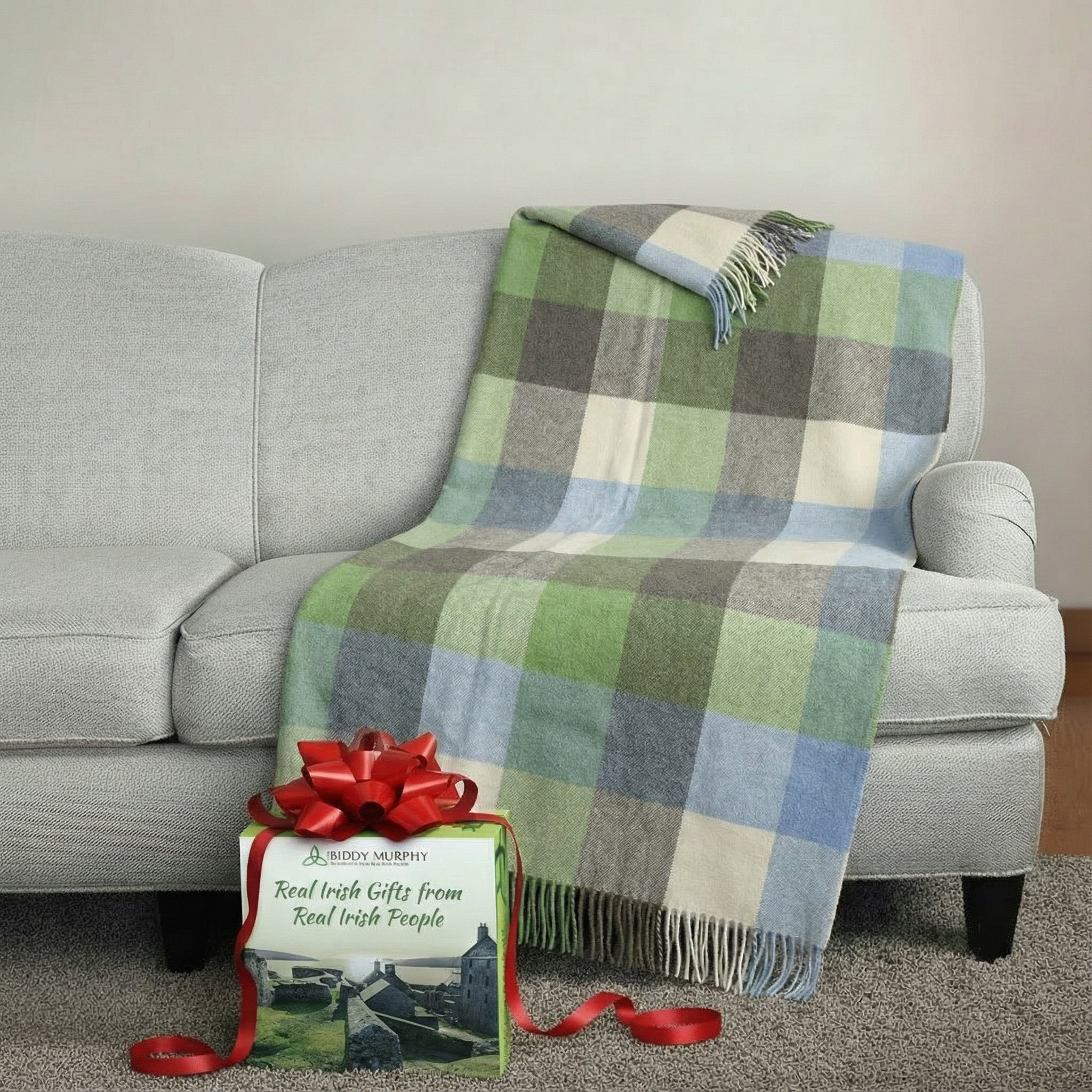 100% Irish Wool Tartan Throw Blanket - Cream, Baby Blue & Green Plaid (54" x 71")