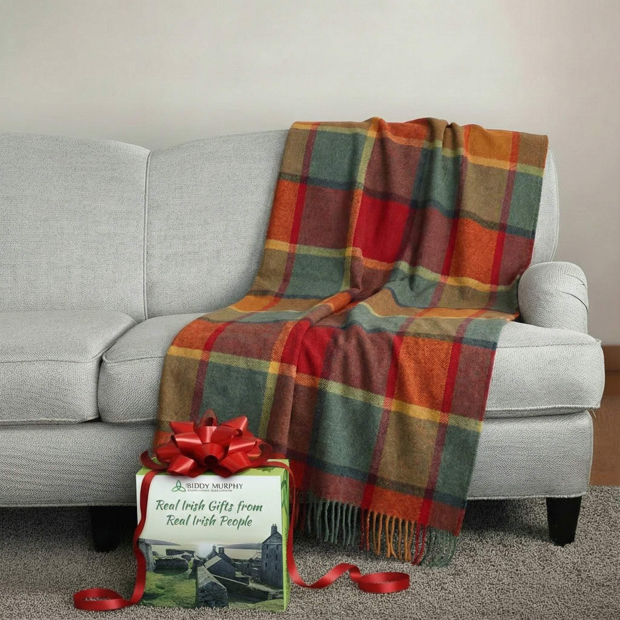 100% Irish Wool Tartan Throw Blanket - Orange Green Yellow Wine Plaid (54" x 71")