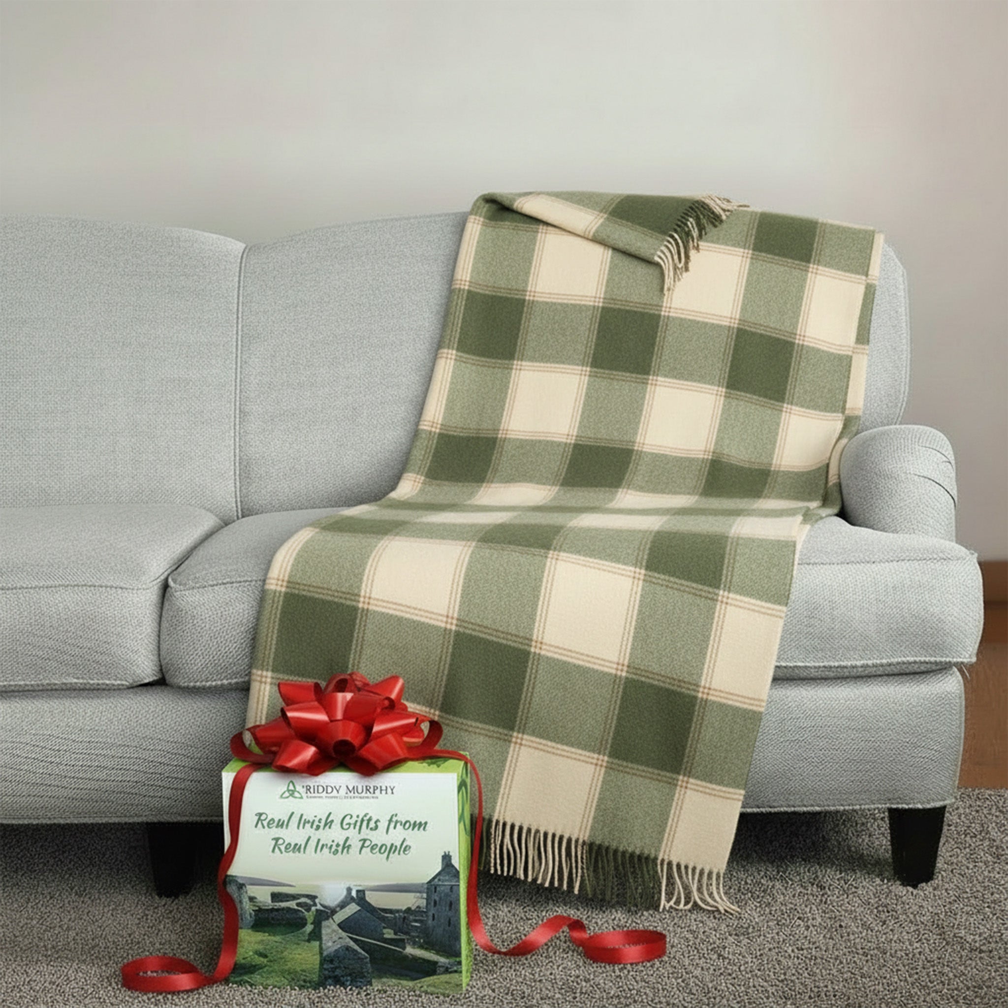 100% Irish Wool Tartan Throw Blanket - Cream & Green Plaid (54" x 71")