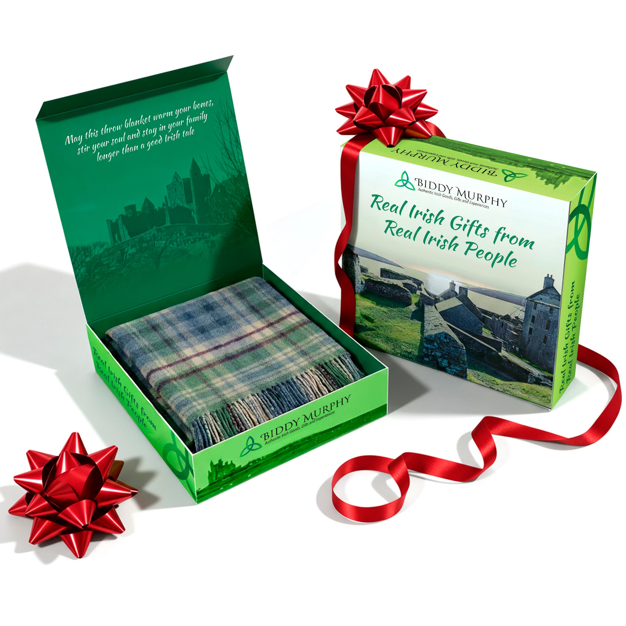 100% Irish Wool Tartan Throw Blanket - Denim Blue, Green & Burgundy (54" x 72")