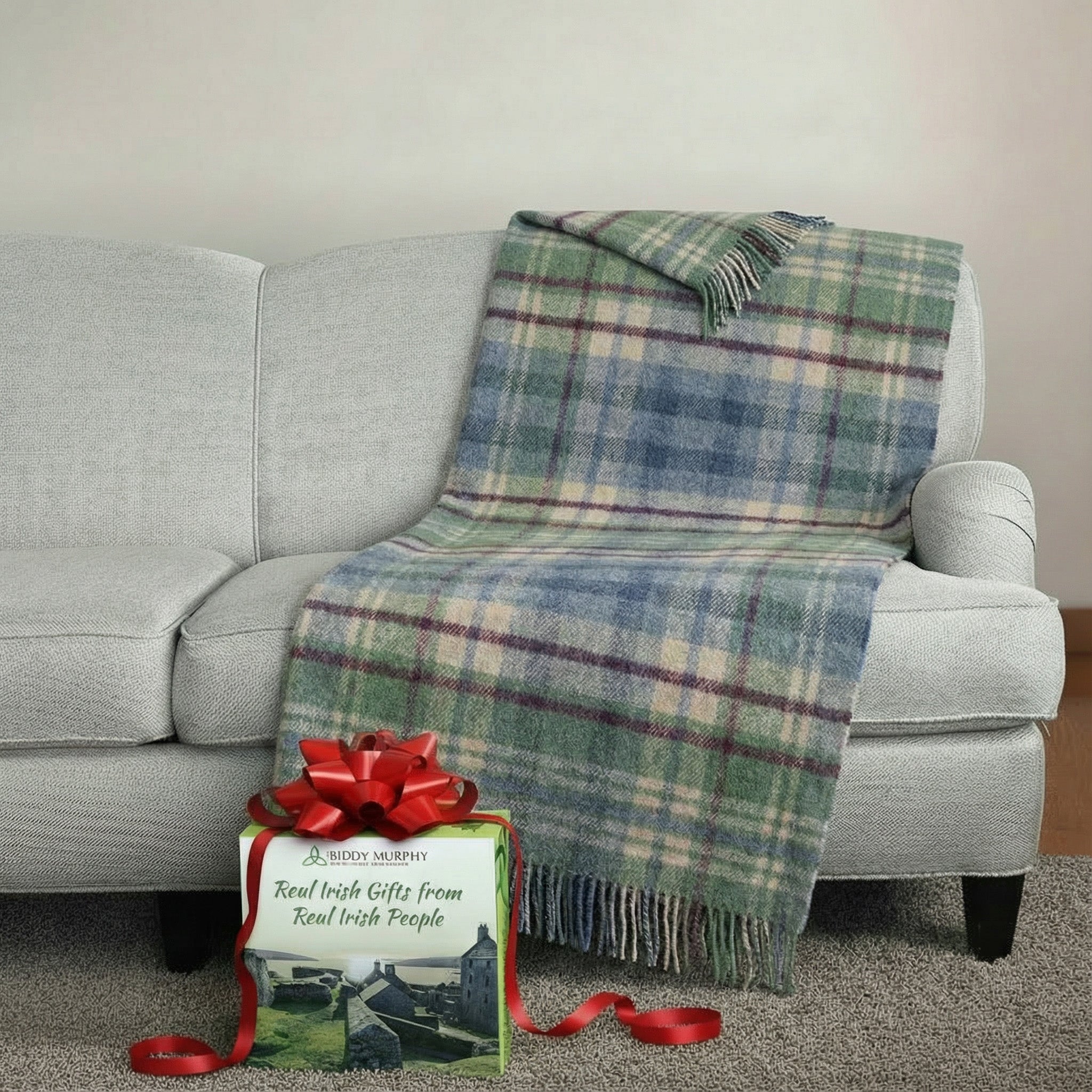 100% Irish Wool Tartan Throw Blanket - Denim Blue, Green & Burgundy (54" x 72")