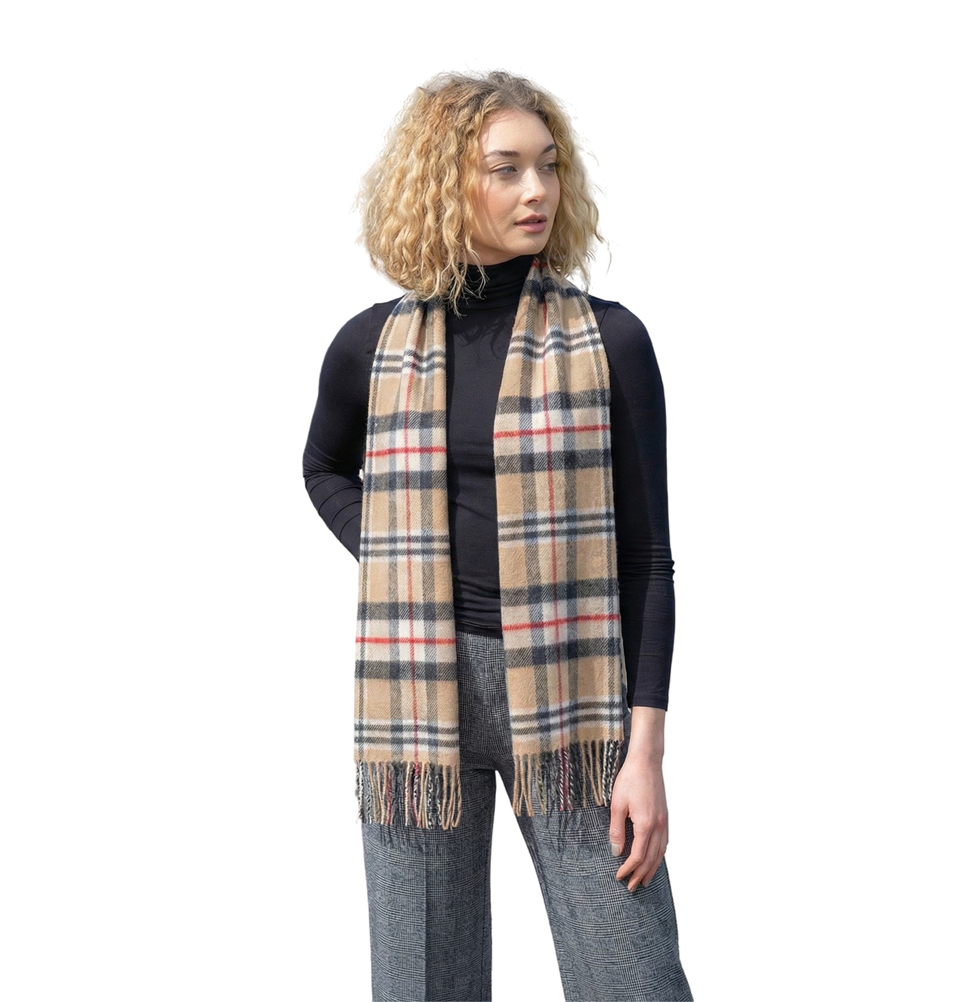 100% Brushed Merino Wool Scarf - Beige Black Red Tartan Plaid, 12" x 71", Made in Ireland