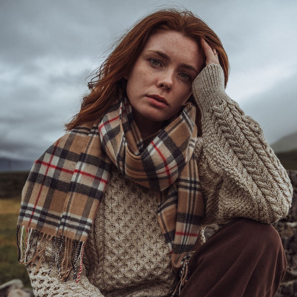 100% Brushed Merino Wool Scarf - Beige Black Red Tartan Plaid, 12" x 71", Made in Ireland