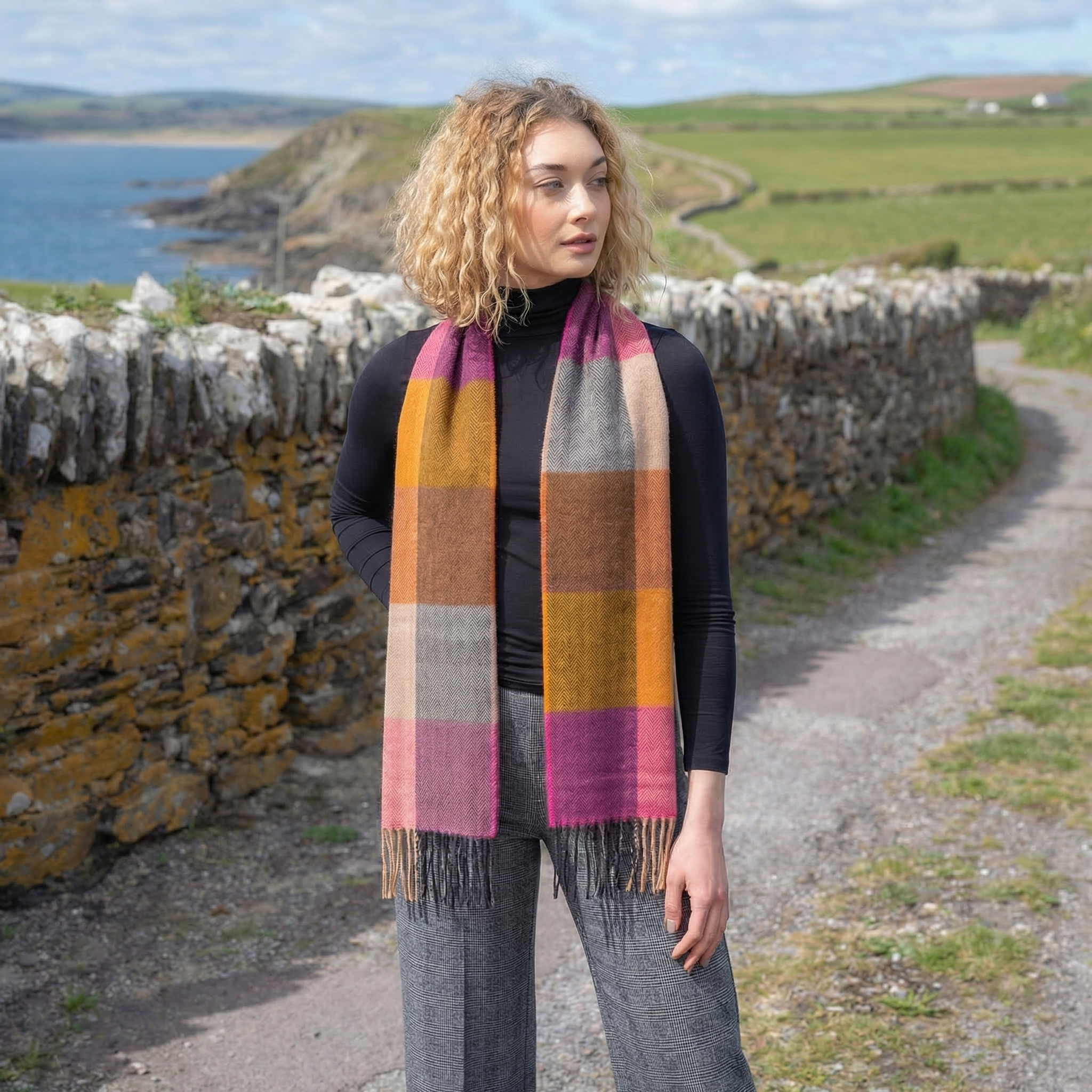 100% Brushed Merino Wool Scarf - Beige Rust Pink Tartan Plaid, 12" x 71", Made in Ireland