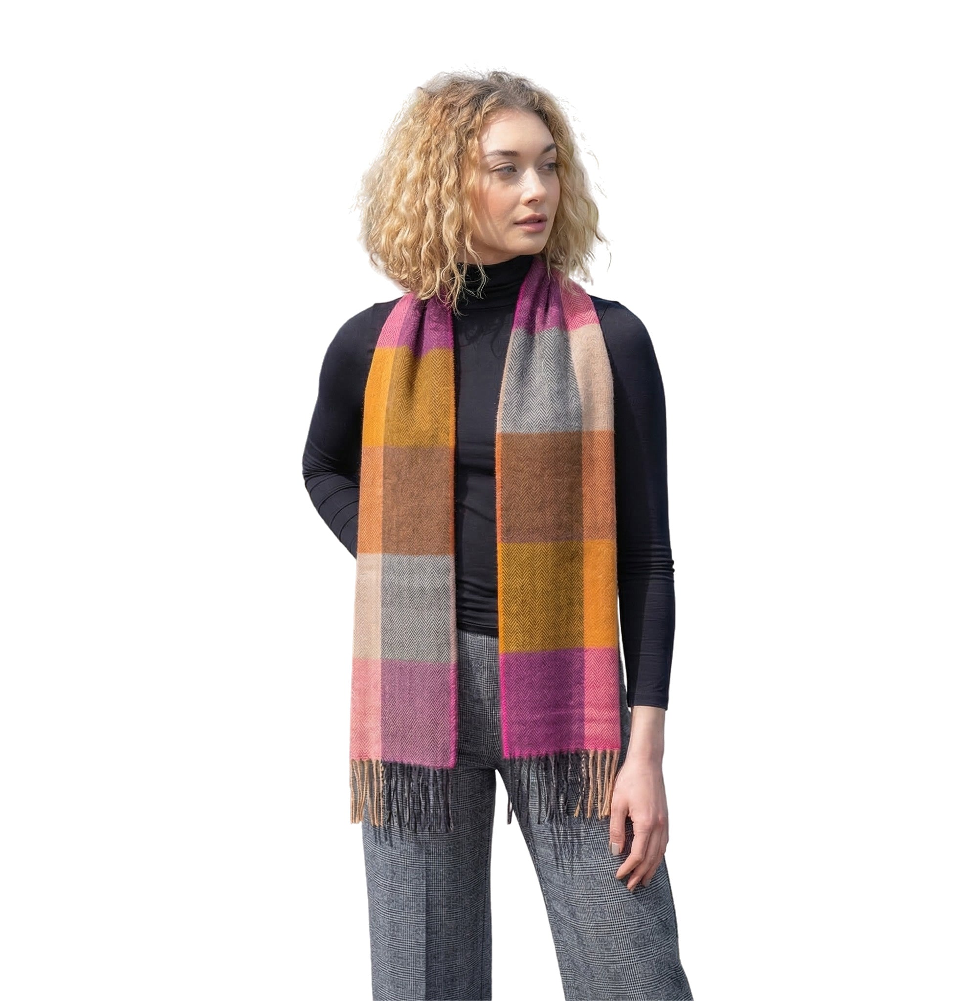 100% Brushed Merino Wool Scarf - Beige Rust Pink Tartan Plaid, 12" x 71", Made in Ireland