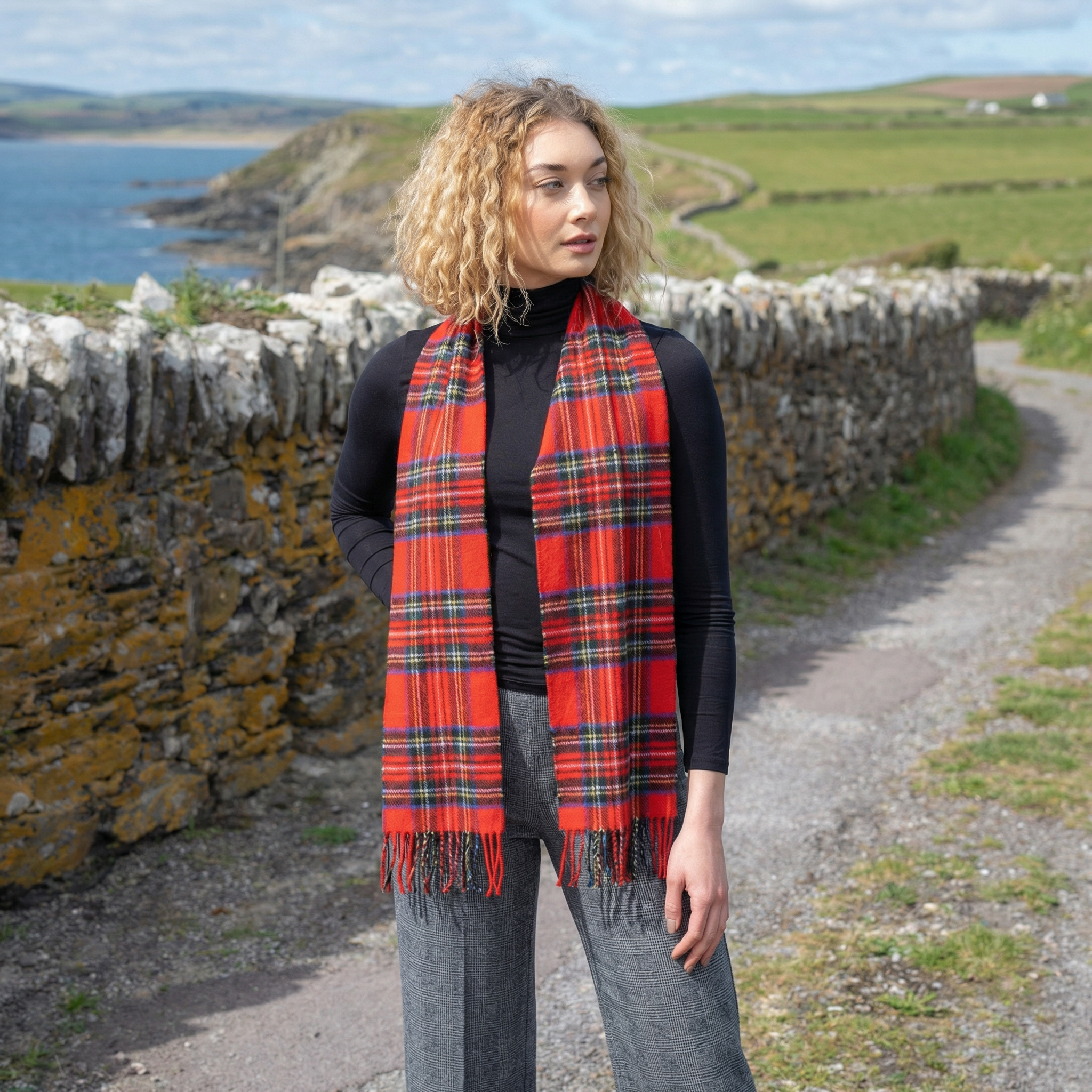 100% Brushed Merino Wool Scarf - Royal Stewart Red Tartan Plaid, 12" x 71", Made in Ireland