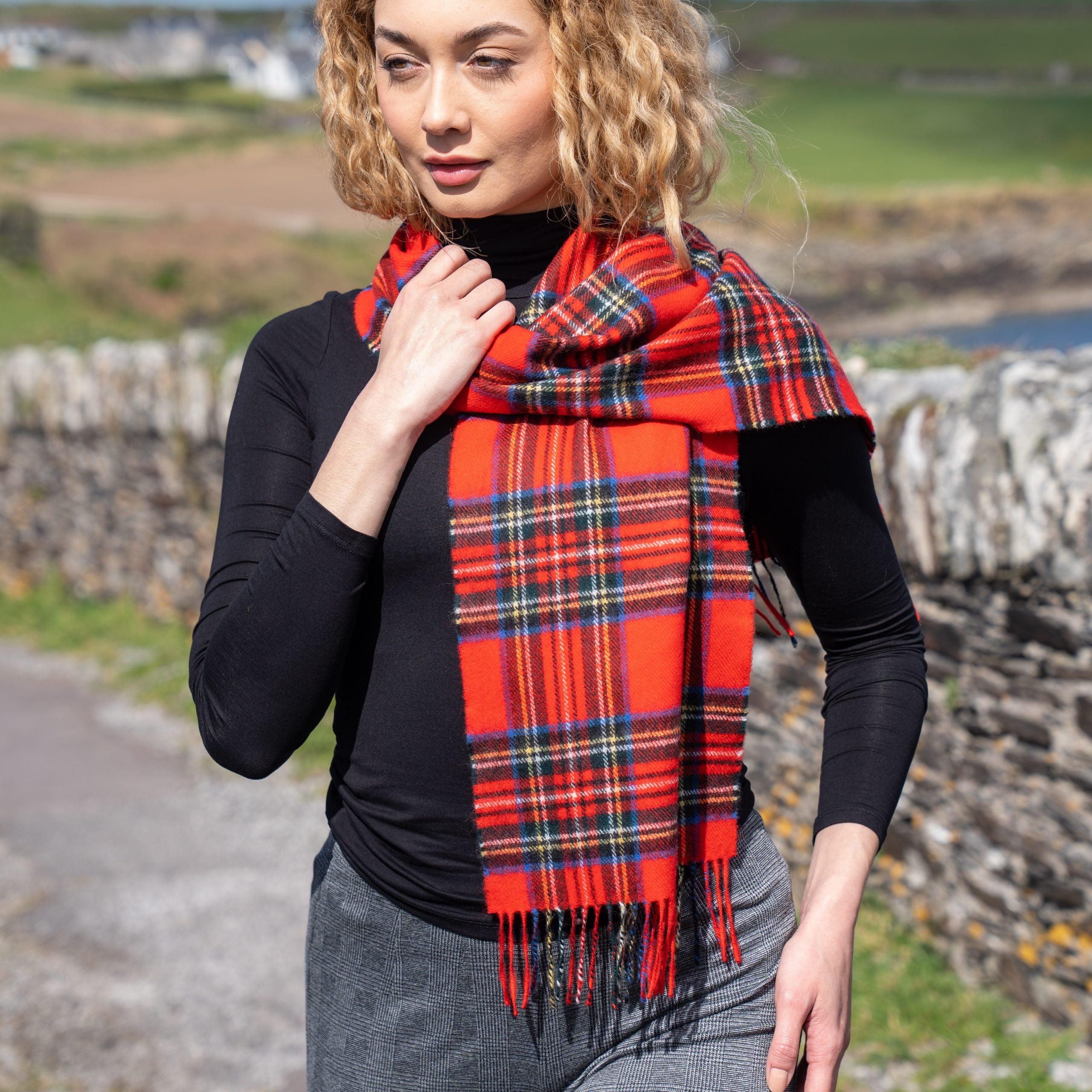 100% Brushed Merino Wool Scarf - Royal Stewart Red Tartan Plaid, 12" x 71", Made in Ireland