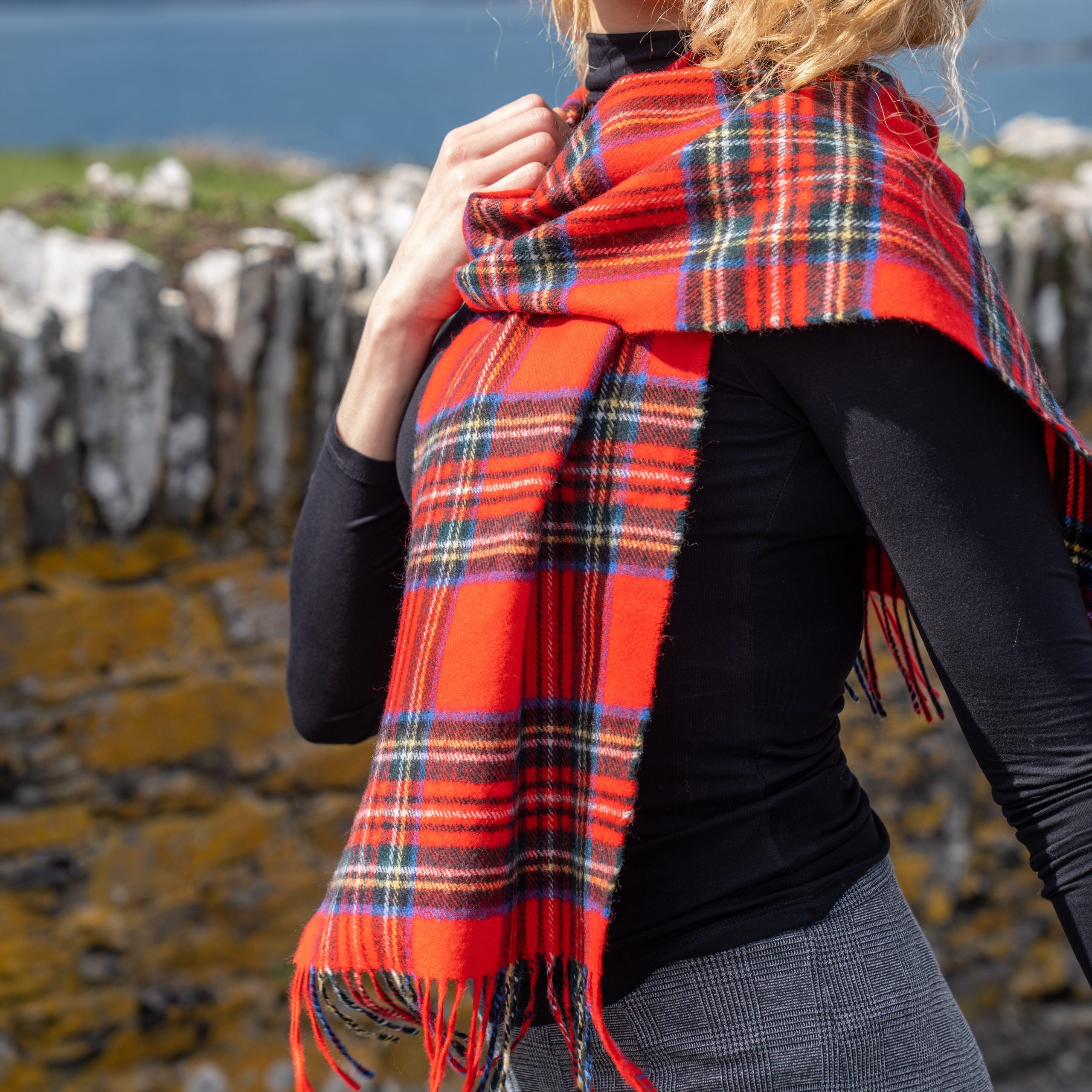100% Brushed Merino Wool Scarf - Royal Stewart Red Tartan Plaid, 12" x 71", Made in Ireland