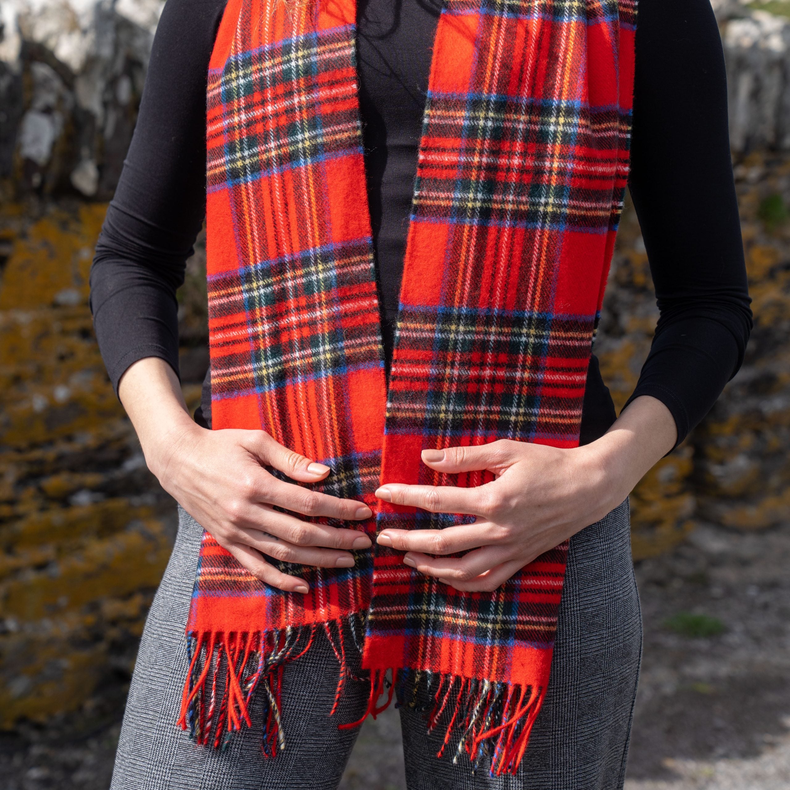 100% Brushed Merino Wool Scarf - Royal Stewart Red Tartan Plaid, 12" x 71", Made in Ireland
