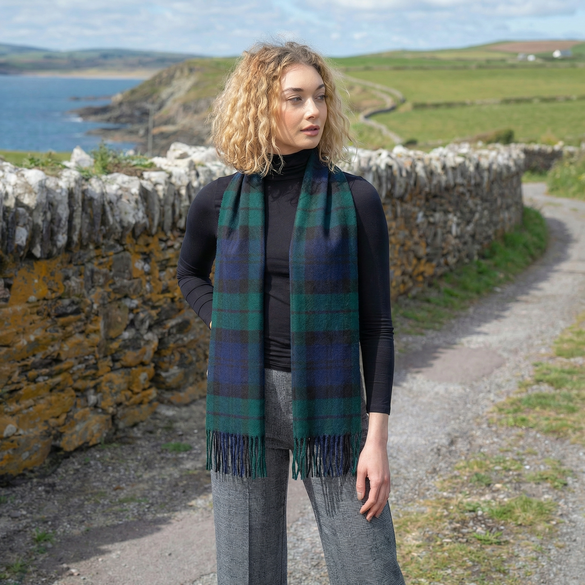 100% Brushed Merino Wool Scarf - Blackwatch Tartan Plaid, 12" x 71", Made in Ireland