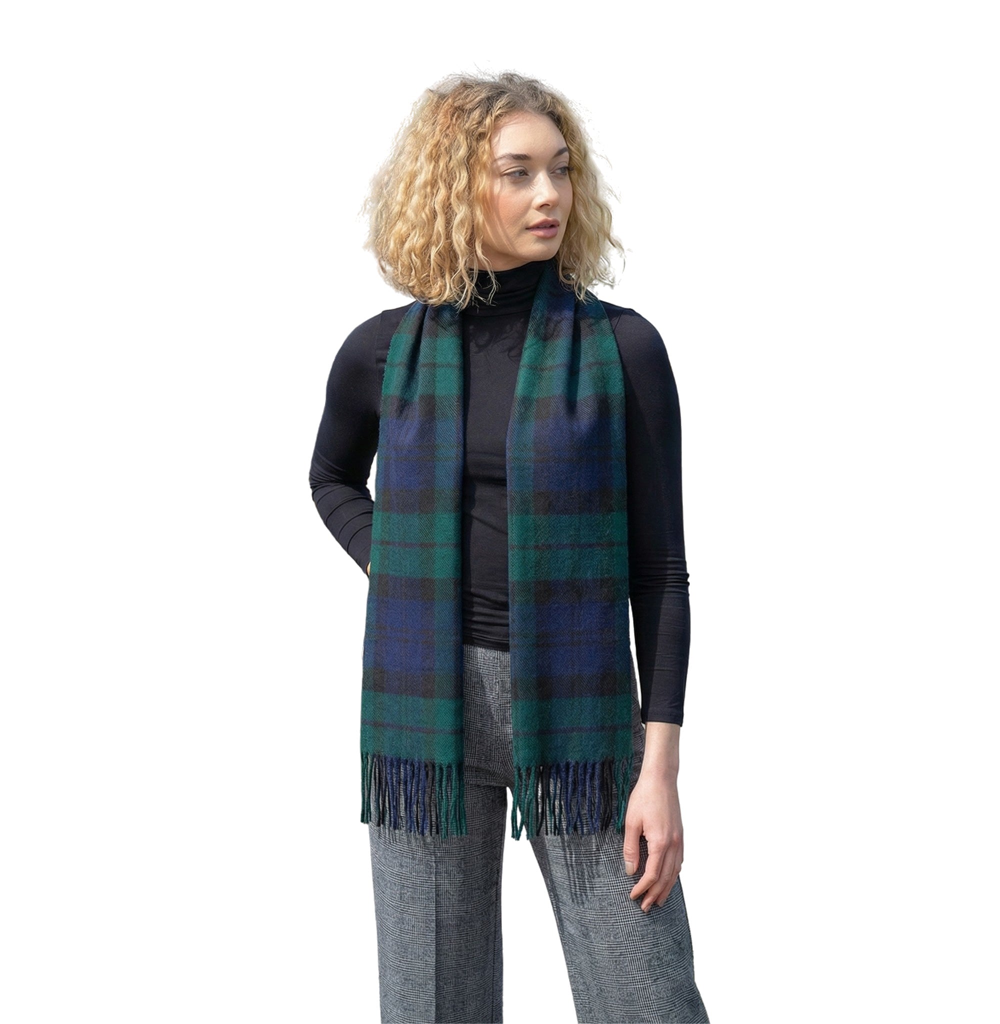 100% Brushed Merino Wool Scarf - Blackwatch Tartan Plaid, 12" x 71", Made in Ireland