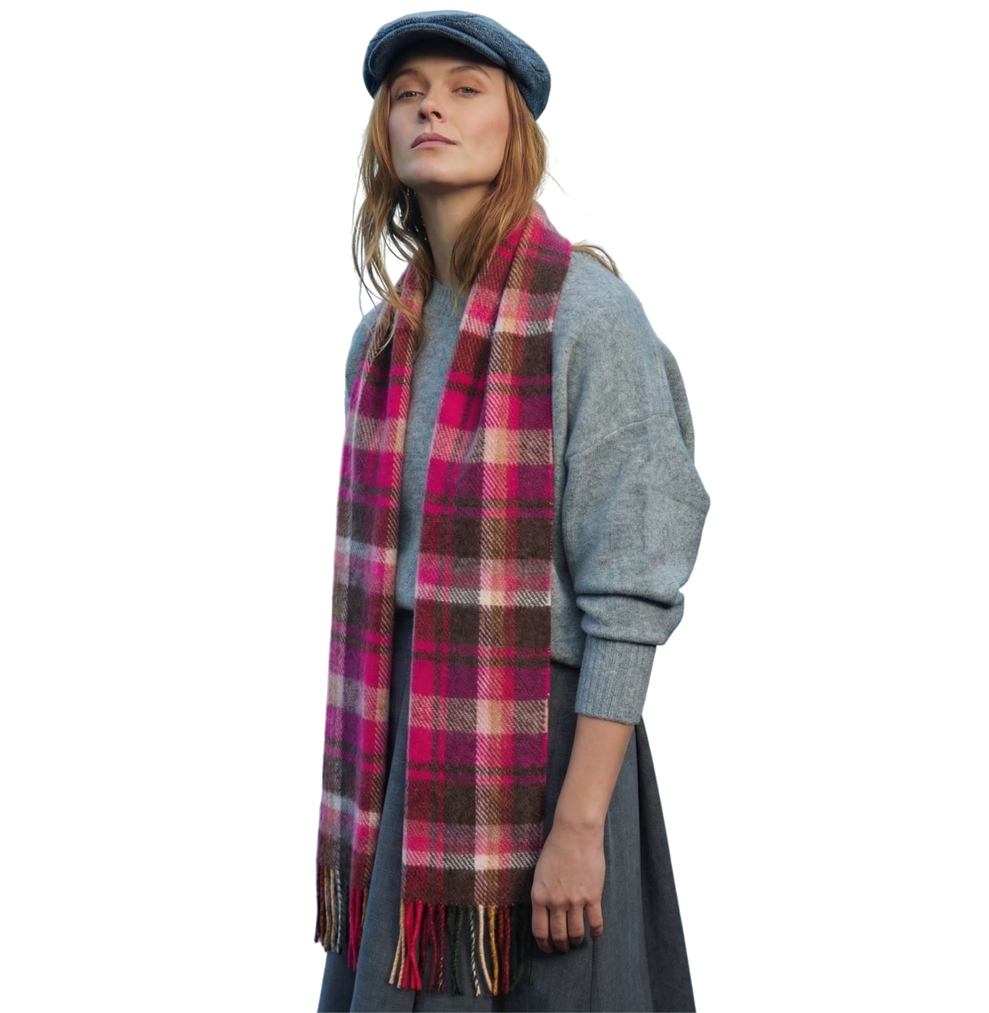 100% Irish Wool Scarf - Pink Maroon Check Tartan Plaid, 9" x 78", Made in Ireland