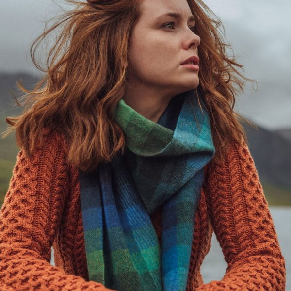 100% Irish Wool Scarf - Turquoise Green Blue Block Tartan Plaid, 9" x 78", Made in Ireland