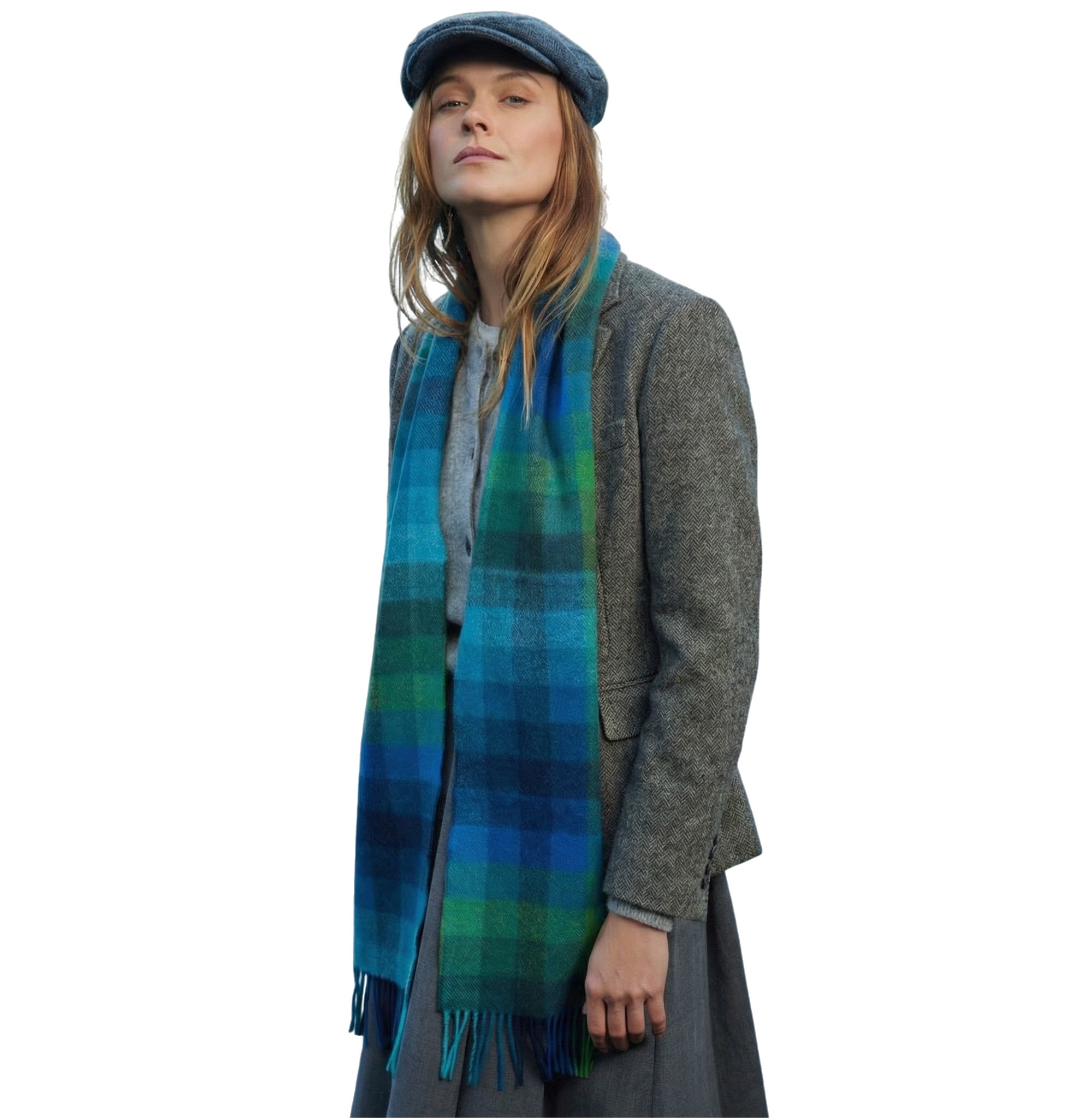 100% Irish Wool Scarf - Turquoise Green Blue Block Tartan Plaid, 9" x 78", Made in Ireland