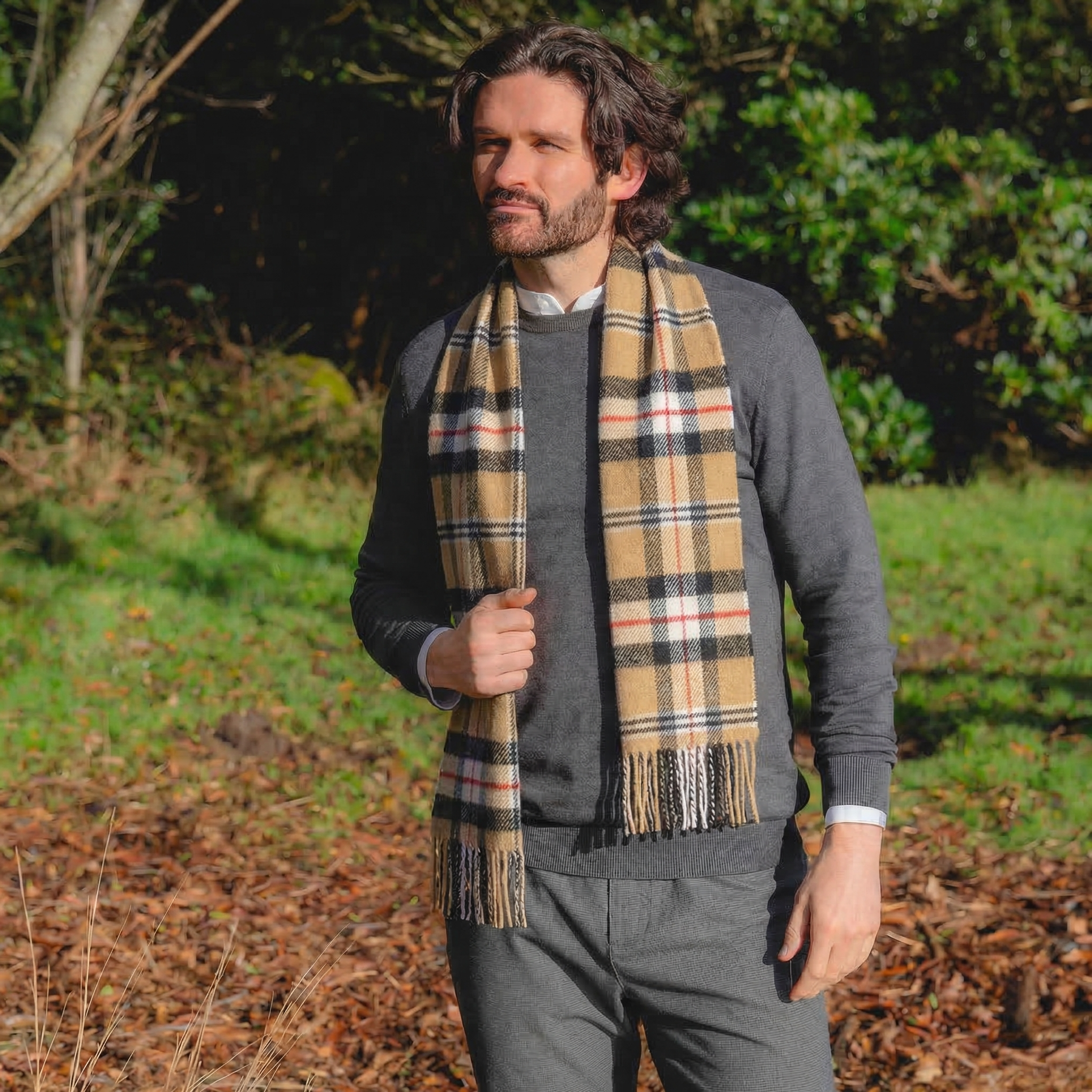 100% Irish Wool Scarf - Camel of Merrick Tartan Plaid, 12" x 60", Made in Ireland