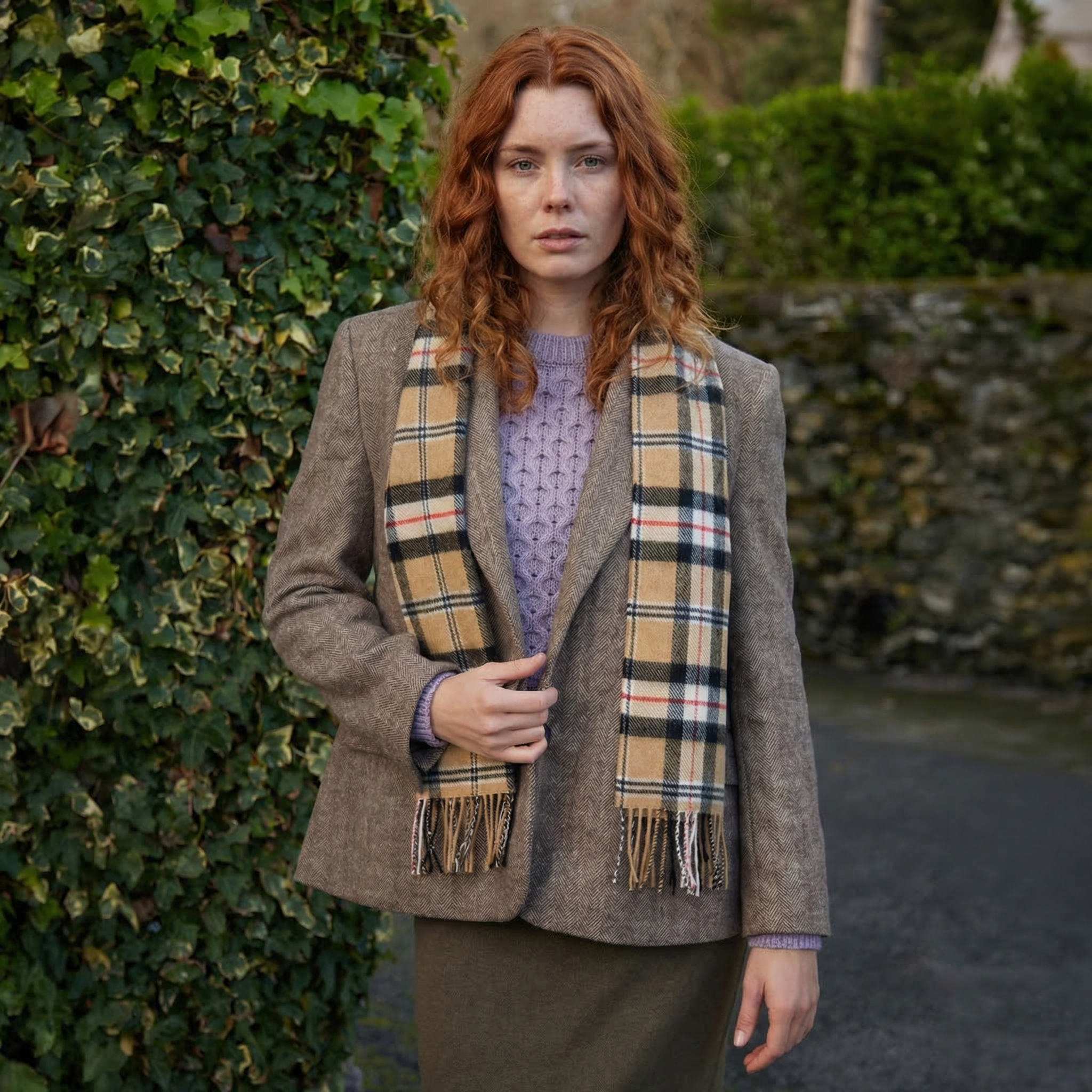 100% Irish Wool Scarf - Camel of Merrick Tartan Plaid, 12" x 60", Made in Ireland