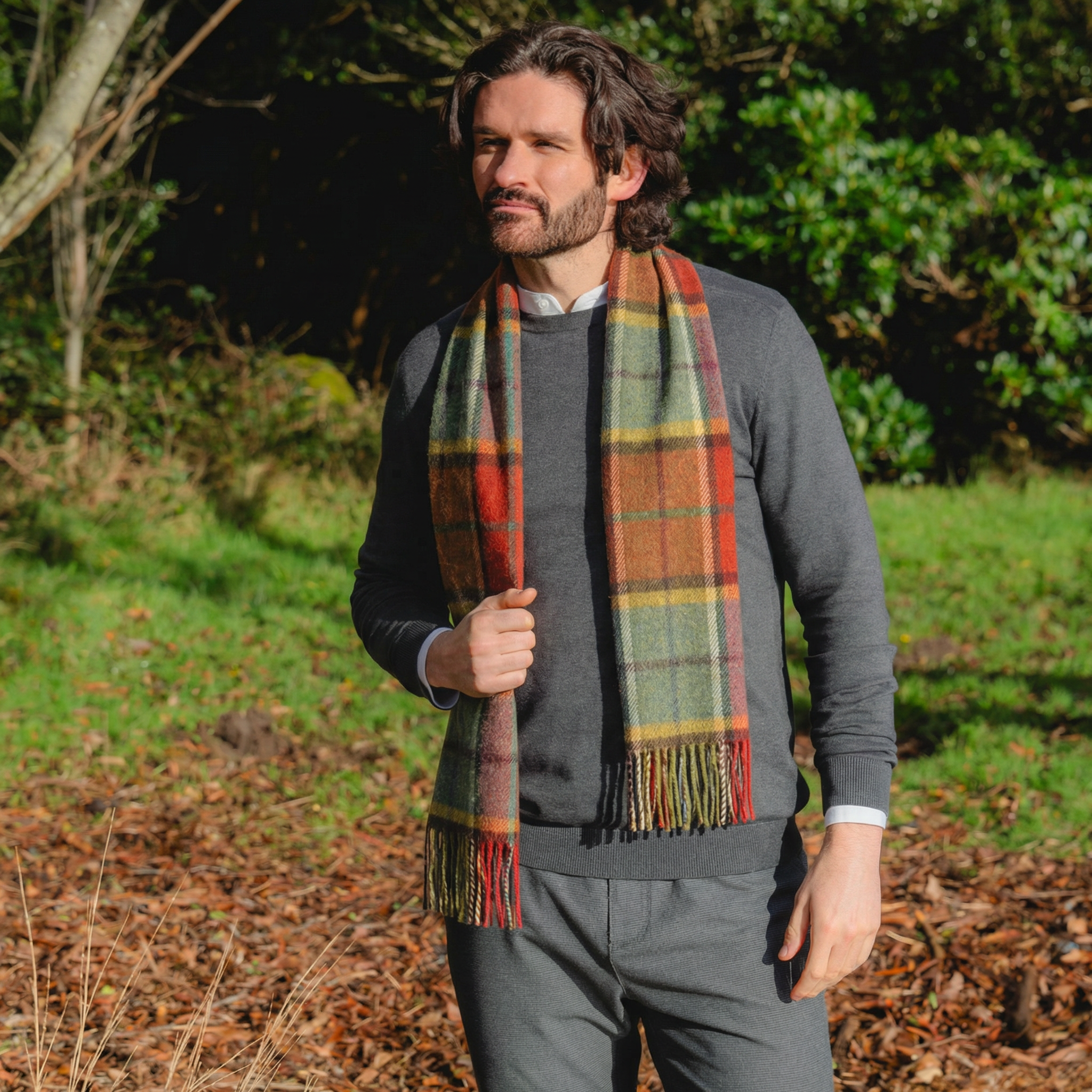 100% Irish Wool Scarf - Autumnal Earth Tone Tartan Plaid, 12" x 60", Made in Ireland