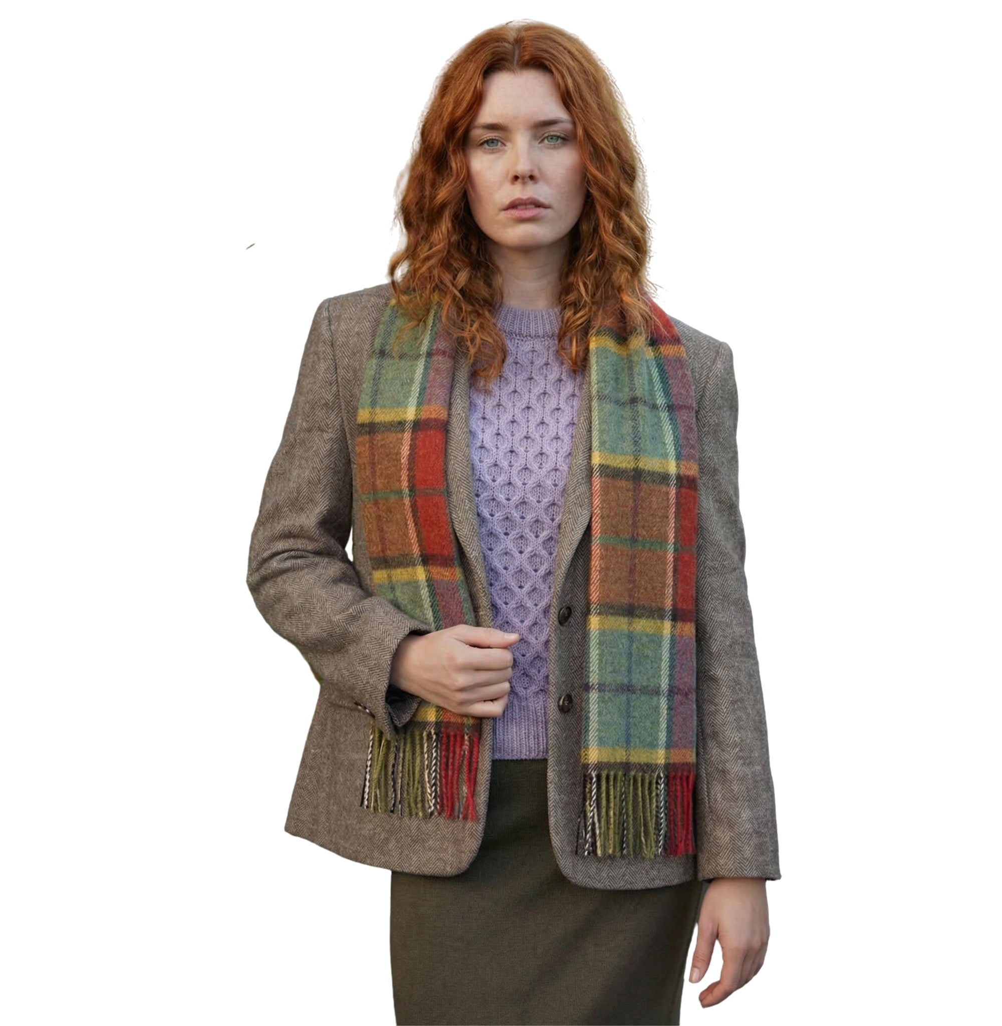 100% Irish Wool Scarf - Autumnal Earth Tone Tartan Plaid, 12" x 60", Made in Ireland