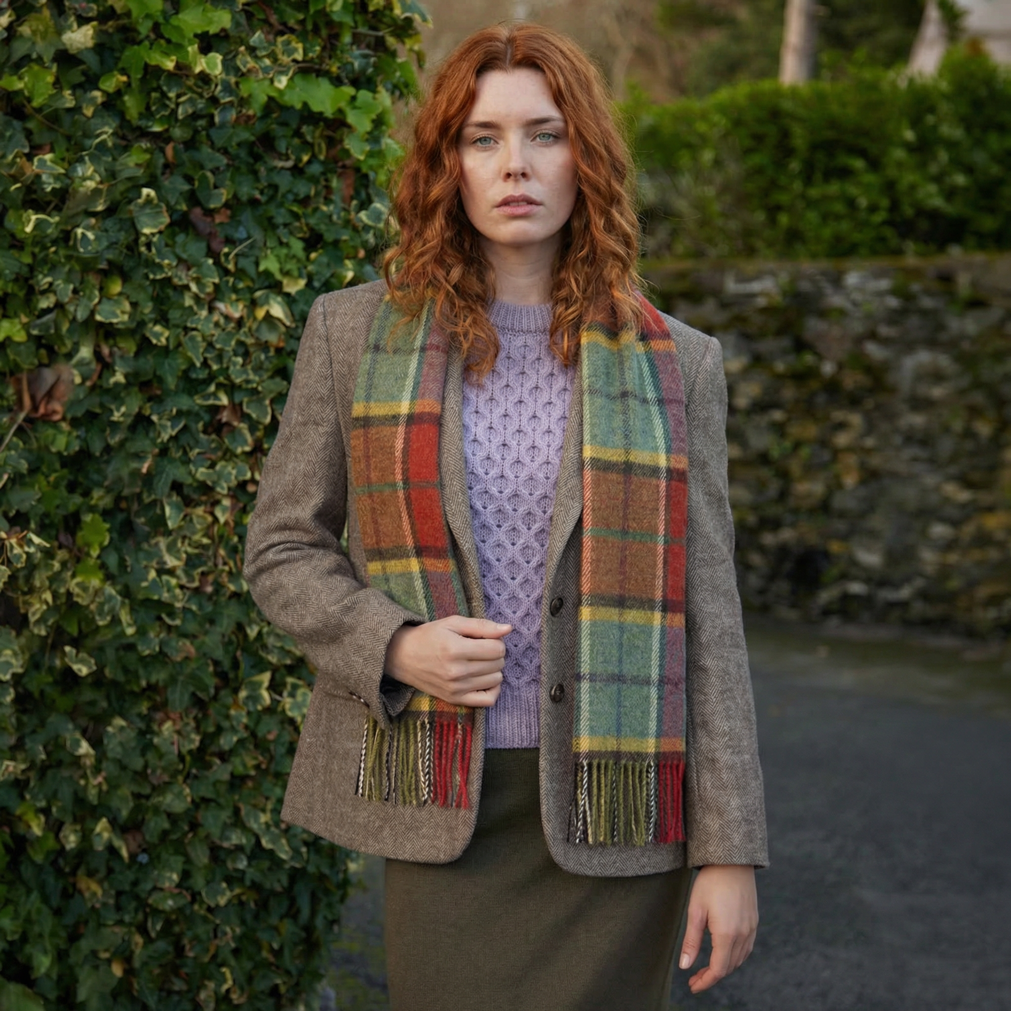 100% Irish Wool Scarf - Autumnal Earth Tone Tartan Plaid, 12" x 60", Made in Ireland