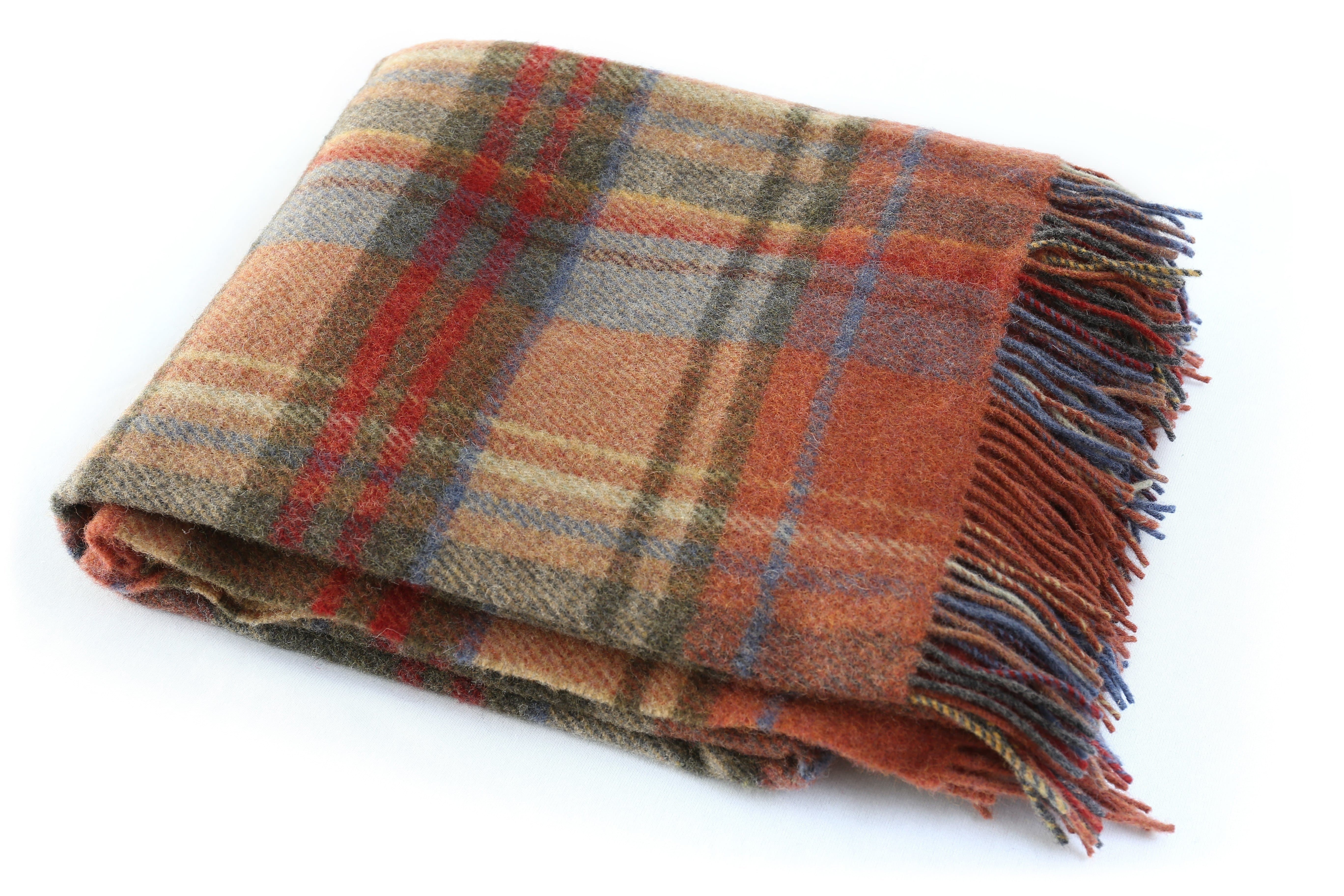 100% Wool Throw Plaid Blanket, 72" x 54" Soft Lambswool, Made in Ireland