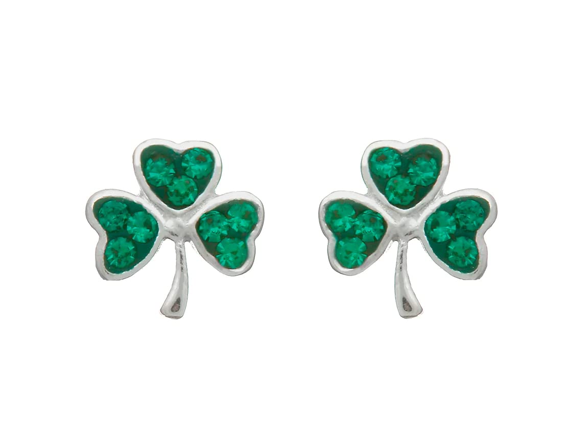 Irish Sterling Silver Emerald CZ Shamrock Stud Earrings