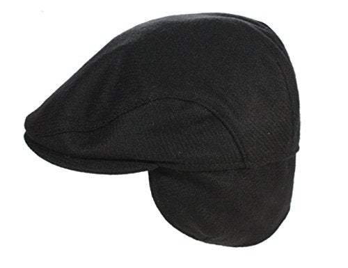Irish 100% Wool Flat Cap with Tuck Away Ear Flaps - Black