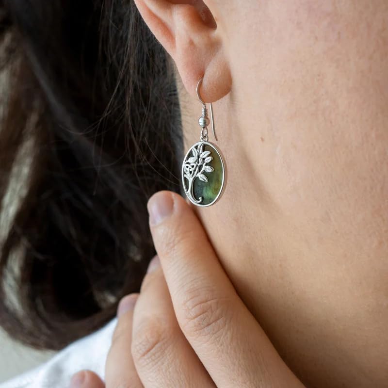 Irish Rhodium-Plated Tree of Life Drop Earrings with Green Gem Inlay