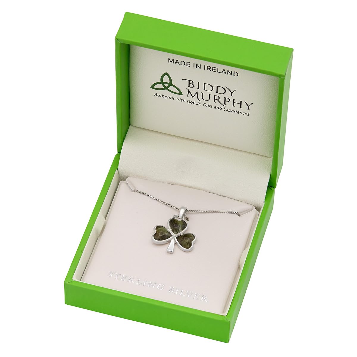 Irish Sterling Silver Connemara Marble Shamrock Necklace (3-Leaf Clover)