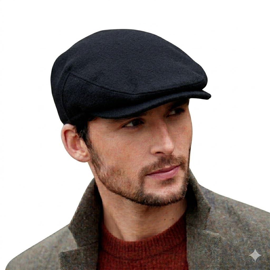 Irish Tweed Flat Cap - Solid Black 100% Wool Vintage Hat