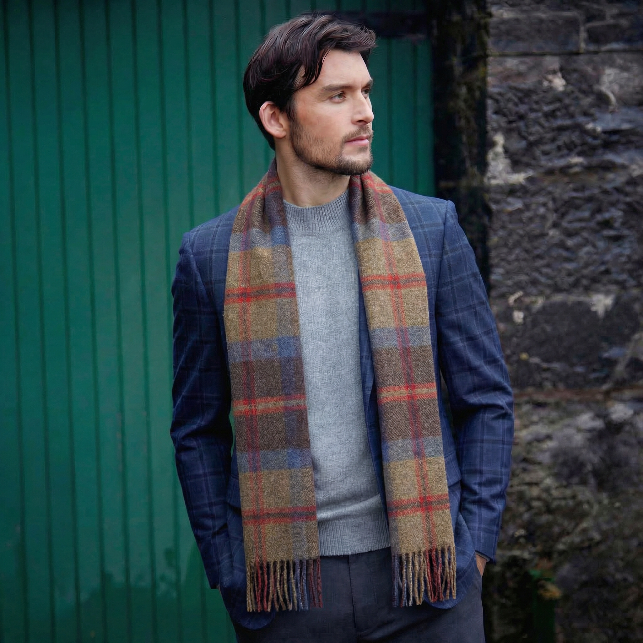 100% Irish Wool Scarf -  Rust Brown Red Tartan Plaid, 12" x 71", Made in Ireland