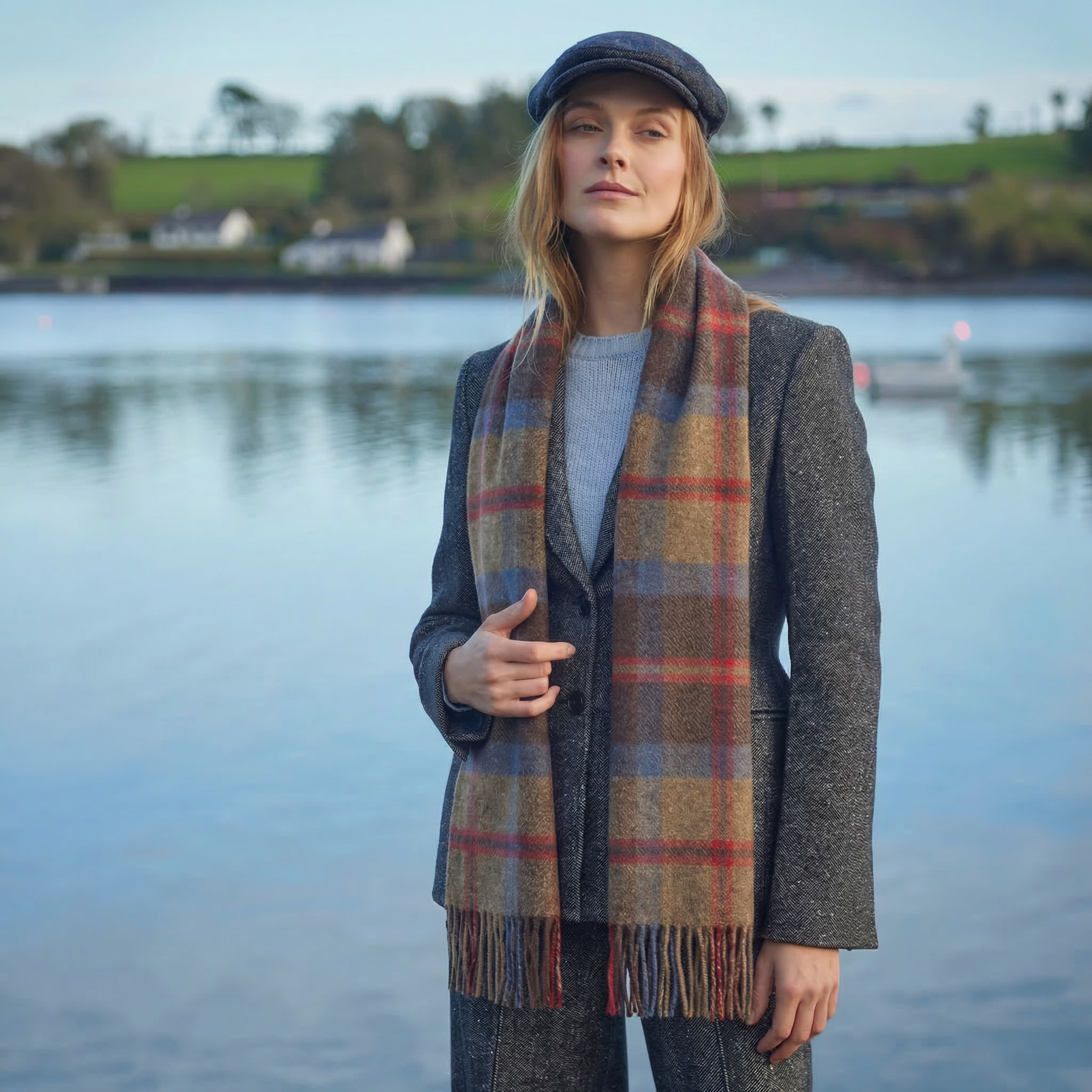 100% Irish Wool Scarf -  Rust Brown Red Tartan Plaid, 12" x 71", Made in Ireland