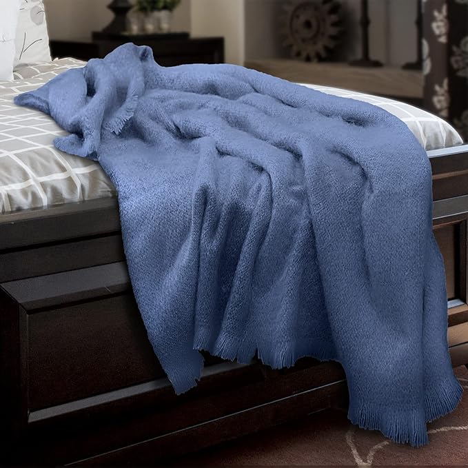 Irish Mohair Throw Blanket - Solid Blue, 70% Mohair Wool Blend (54" x 72")