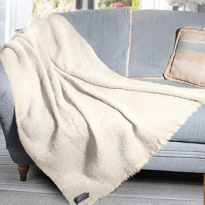 Irish Mohair Throw Blanket - Solid White, 70% Mohair Wool Blend (54" x 72")
