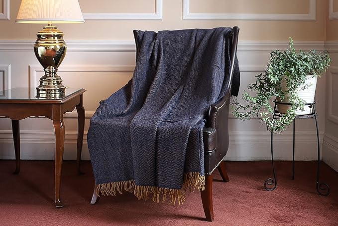 54" x 71" Merino Cashmere Wool Blend Throw Blanket (Blue & Gold) 95% | 5% Ultra Soft Herringbone Pattern (Copy)