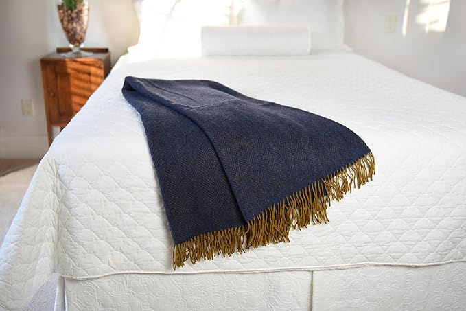 54" x 71" Merino Cashmere Wool Blend Throw Blanket (Blue & Gold) 95% | 5% Ultra Soft Herringbone Pattern (Copy)