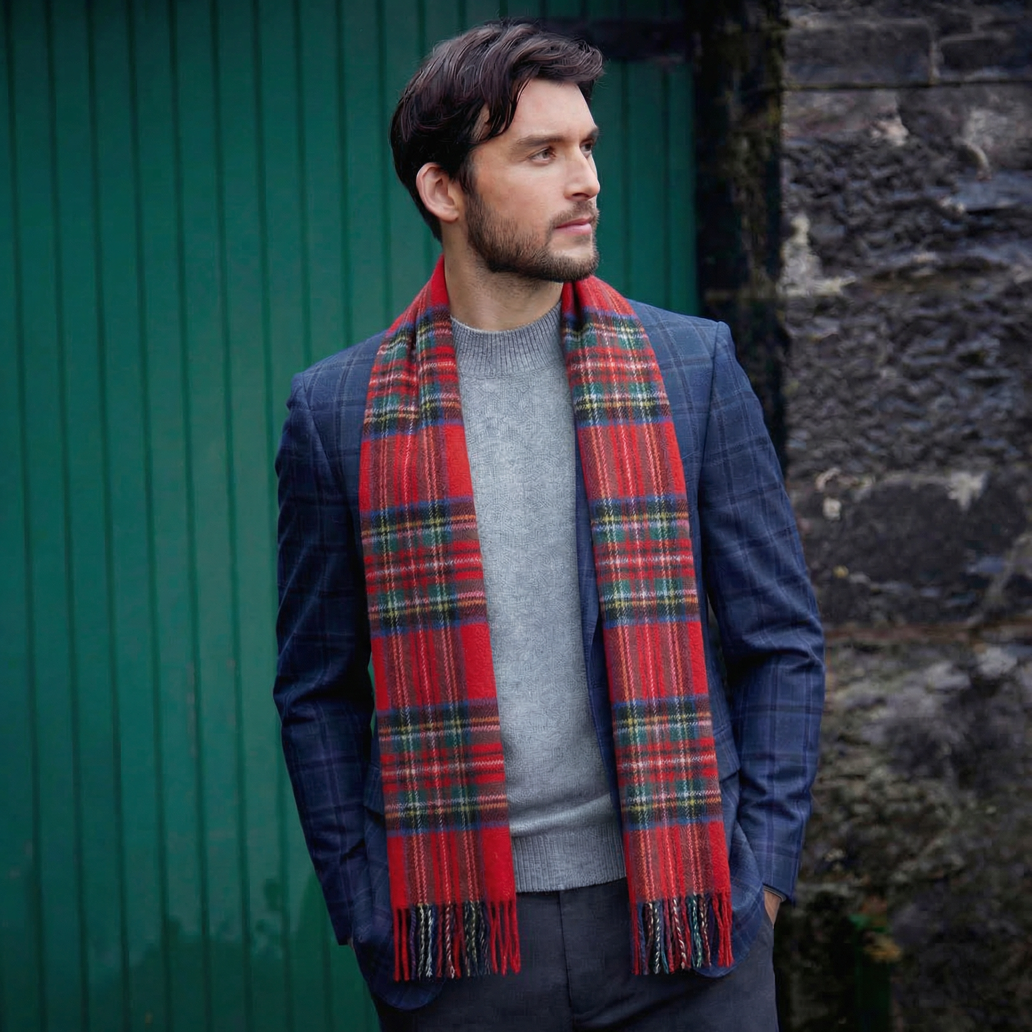 100% Irish Wool Scarf -  Red Royal Stewart Tartan Plaid, 12" x 71", Made in Ireland