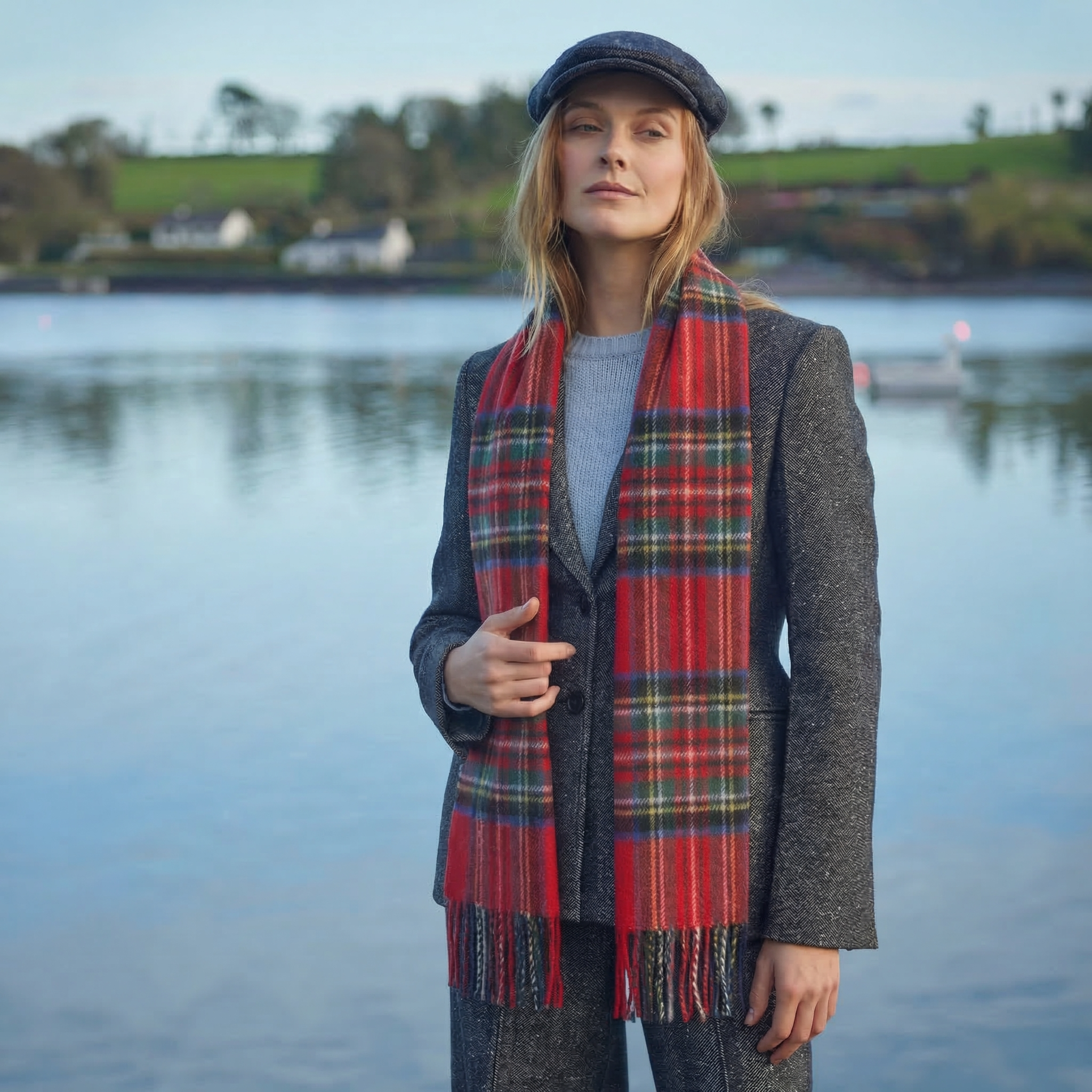 100% Irish Wool Scarf -  Red Royal Stewart Tartan Plaid, 12" x 71", Made in Ireland