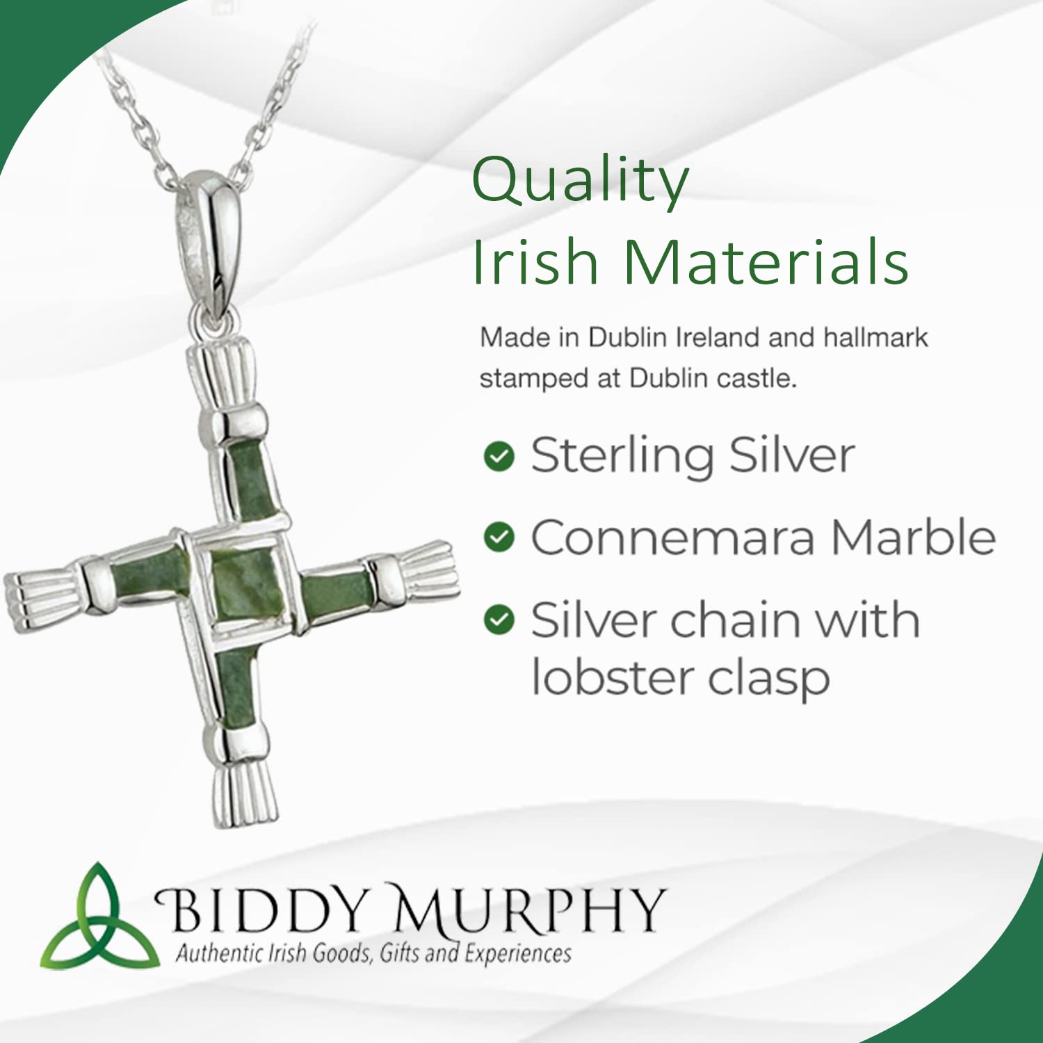 Irish Sterling Silver Connemara Marble St. Brigid Cross Necklace