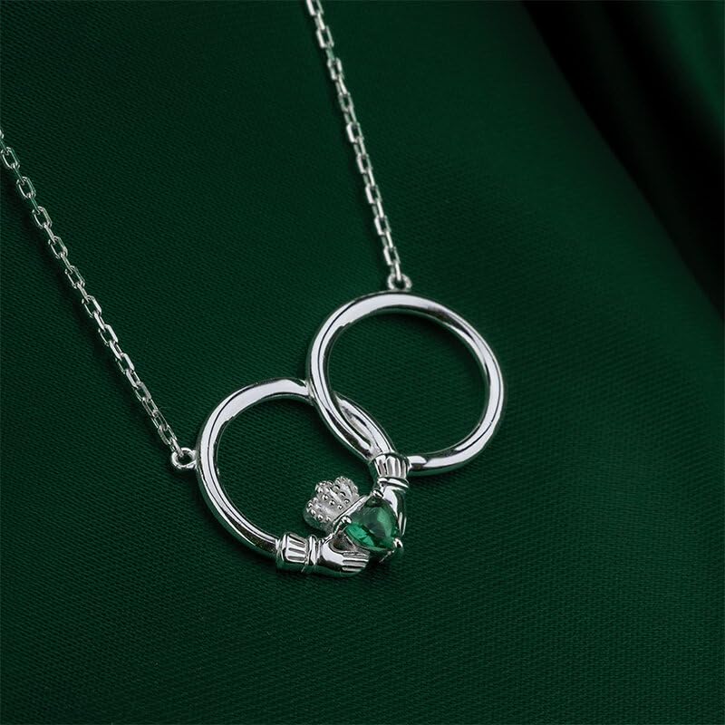 Irish Sterling Silver Claddagh Necklace with Green Crystal Heart