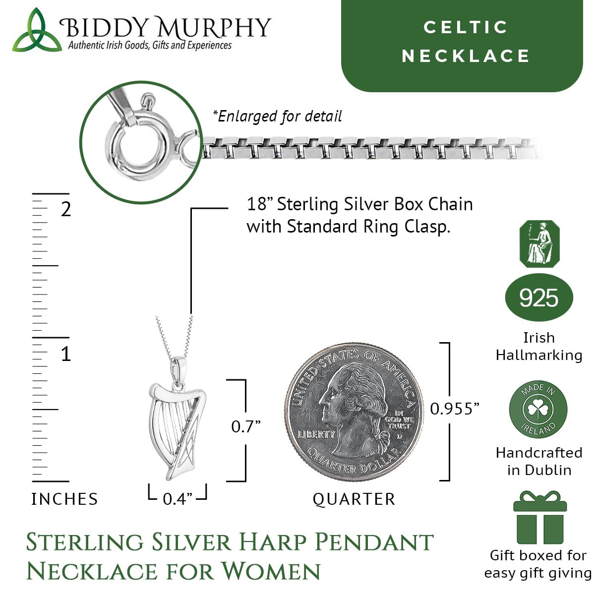 Irish Sterling Silver Harp Pendant Necklace for Women