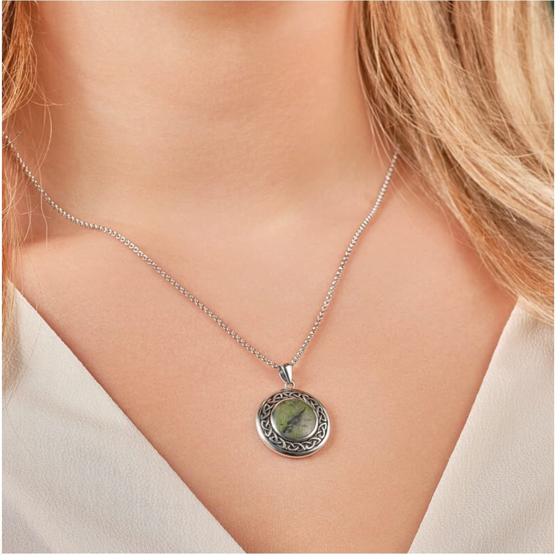 Irish Sterling Silver Connemara Marble Round Celtic Necklace for Women