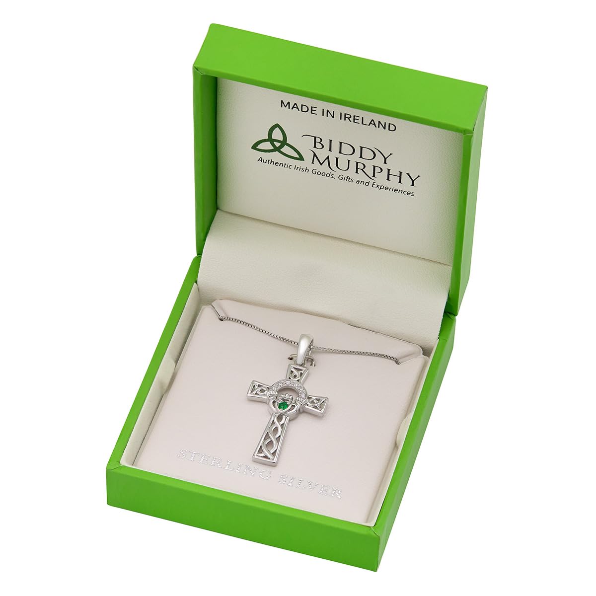 Irish Sterling Silver Claddagh Cross Necklace with CZ Cubic Zirconia Stone