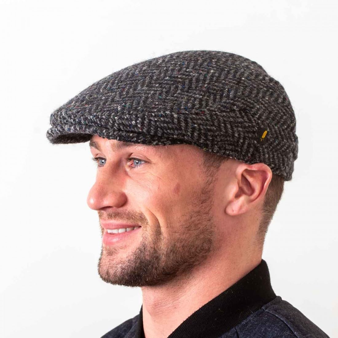 Irish Donegal Tweed Flat Cap - Charcoal Herringbone, 100% Wool Hat With Curved Peak