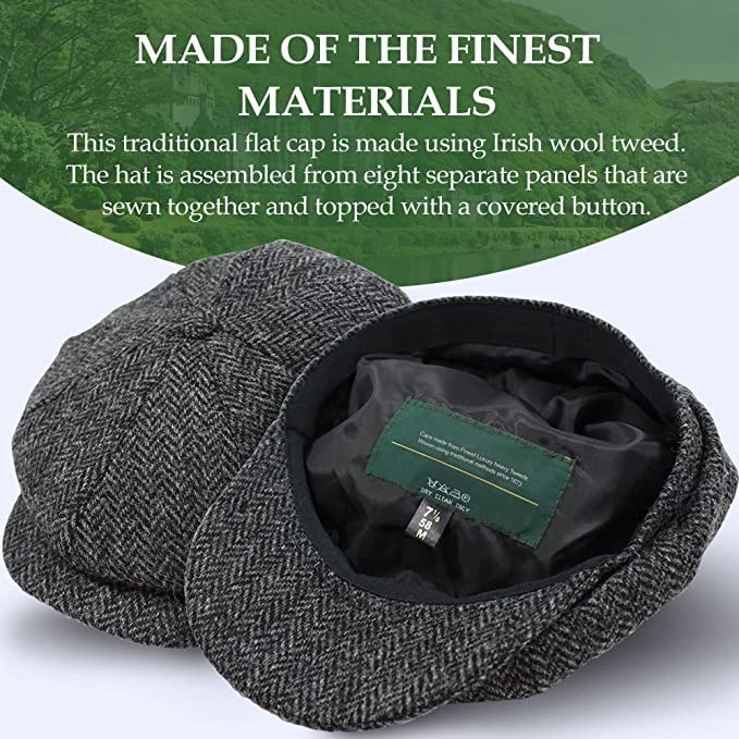 Irish 8-Panel Newsboy Cap, 100% Wool Tweed Gray Herringbone Flat Hat