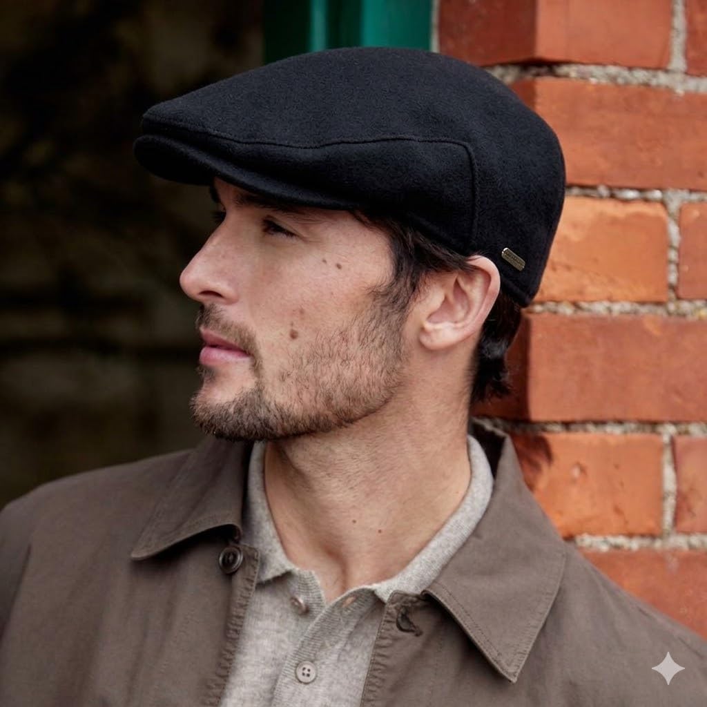 Irish Tweed Flat Cap - Solid Black 100% Wool Vintage Hat