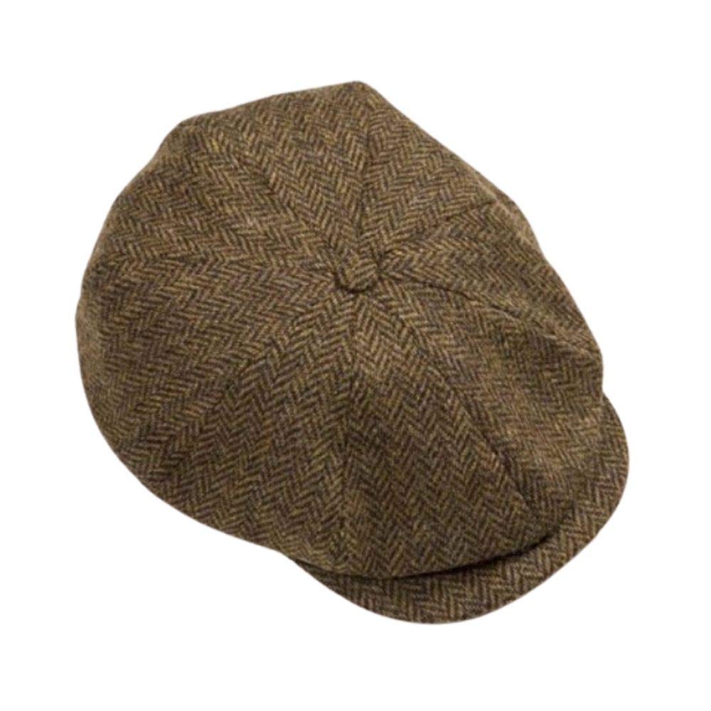 Irish 8-Panel Newsboy Cap, 100% Wool Tweed Brown Herringbone Flat Hat