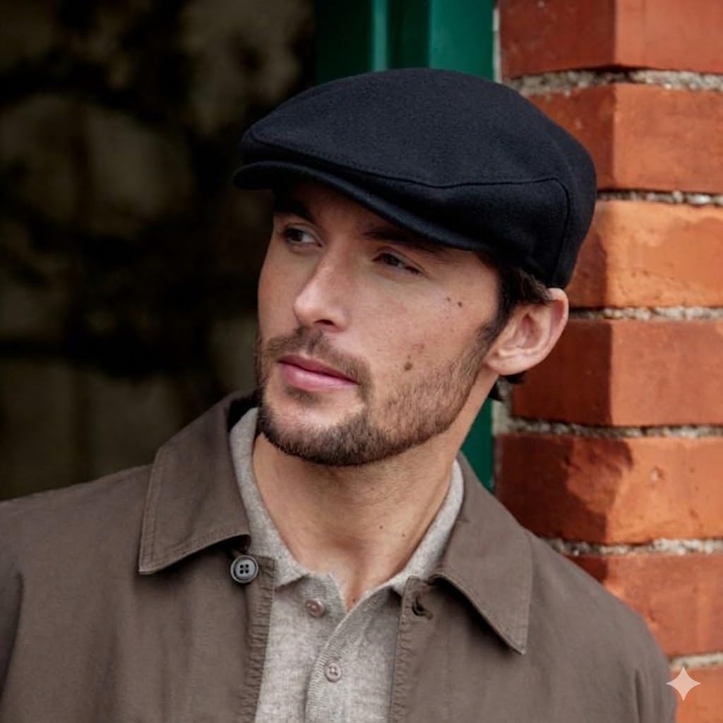 Irish Tweed Flat Cap - Solid Black 100% Wool Vintage Hat