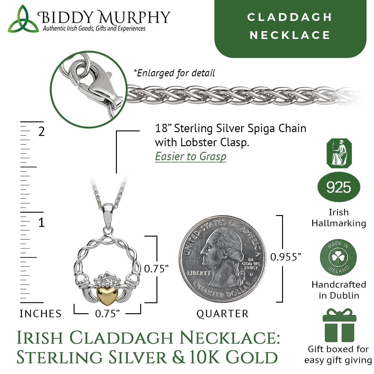 Irish Sterling Silver 10K Gold Heart Claddagh Necklace for Women