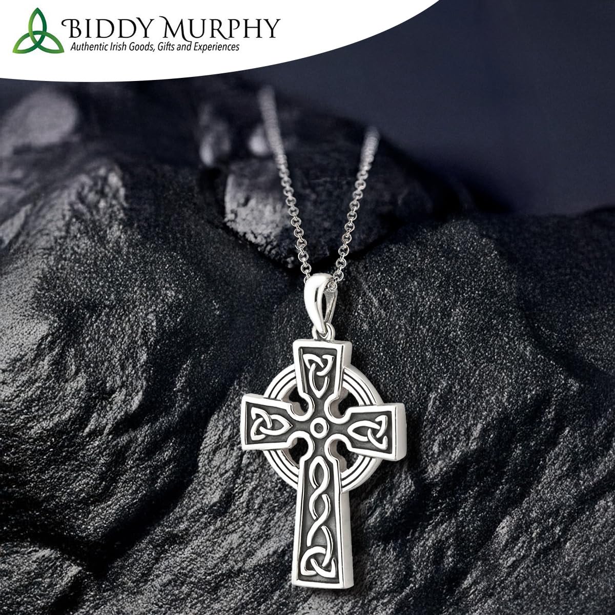Irish Sterling Silver 2-Sided Oxidized Celtic Cross Necklace for Men